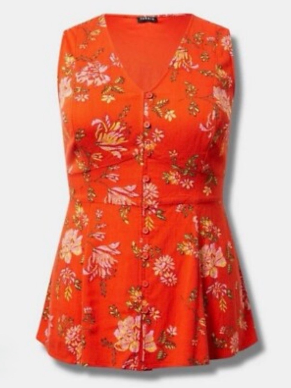 *NWT* Torrid Rayon Button Up With Waist Detail Tank Size 1 Floral Mandarin Red
